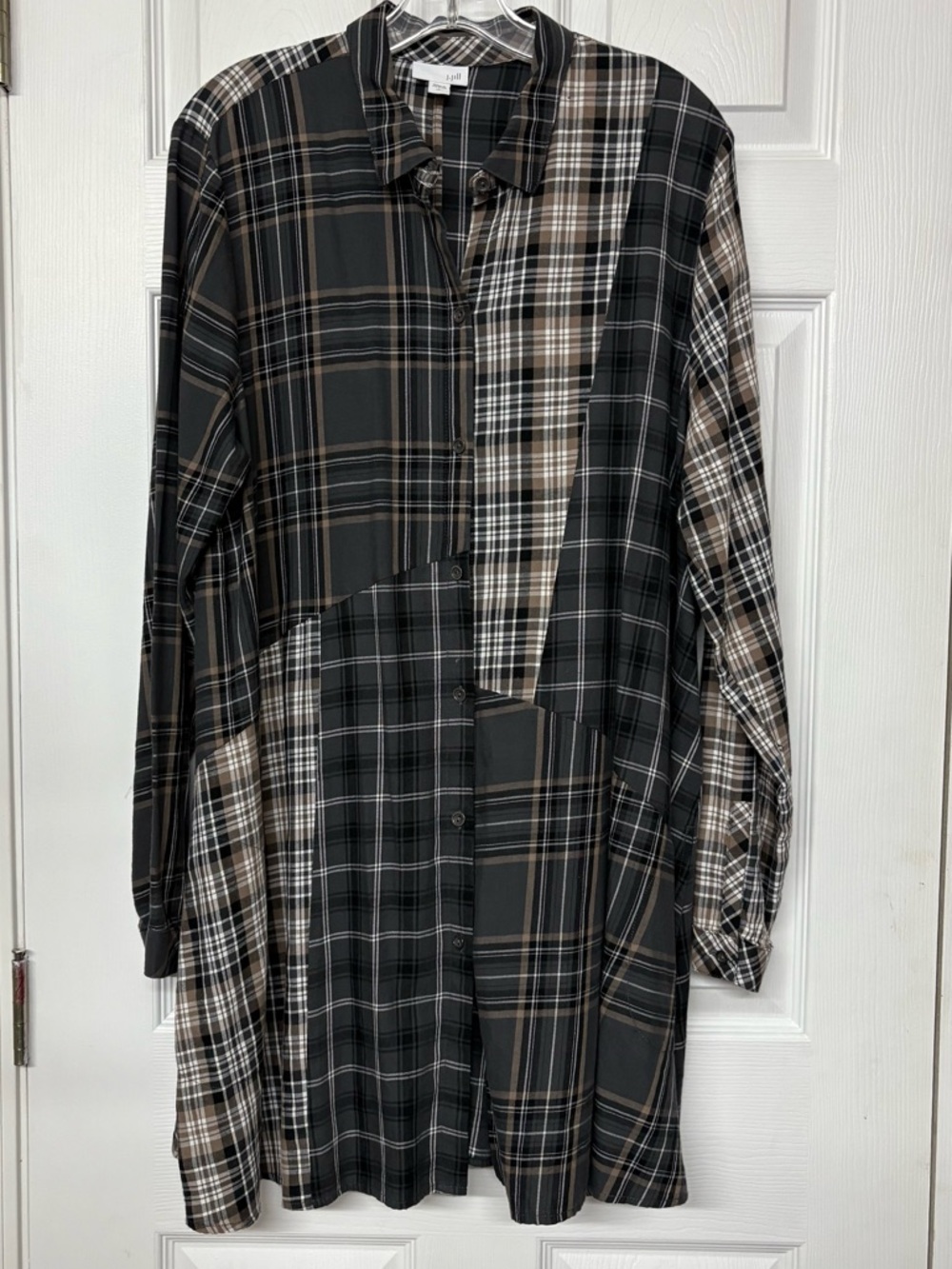 J. Jill Mixed Plaids Button Front Shirt Dress Gray Sz L TALL
